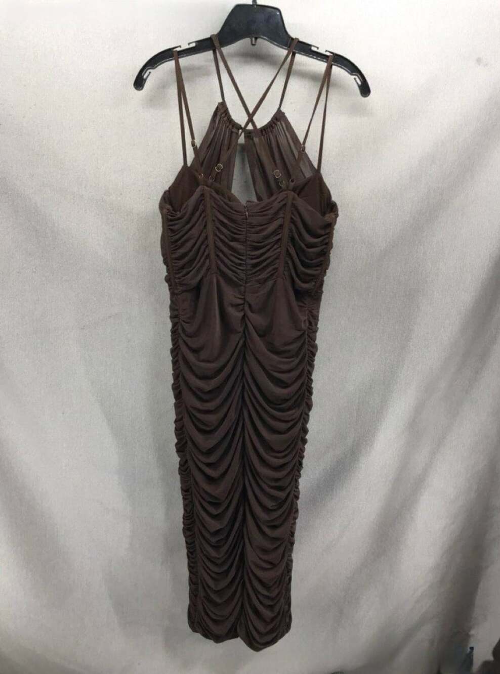 Club L London Brown Halter Cross-Strap Ruched Midi Dress Size US 8 UK 12